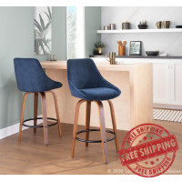 Lumisource B26-DIANACOR GRTQ WLBU2 Diana Contemporary Counter Stool in Walnut Wood and Blue Corduroy with Black Round Footrest - Set of 2